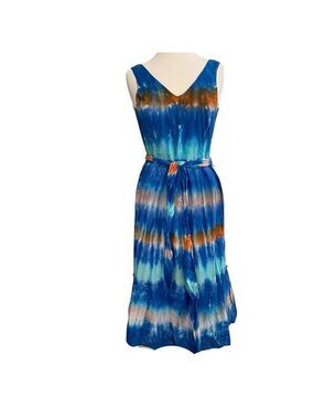 Hatley Sidney midi dress NWT woven V neckline sleeveless blue tie dye belt small